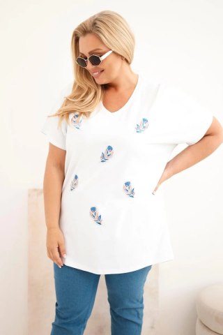 Bluzka damska bawełniana Plus Size z piórkami biała