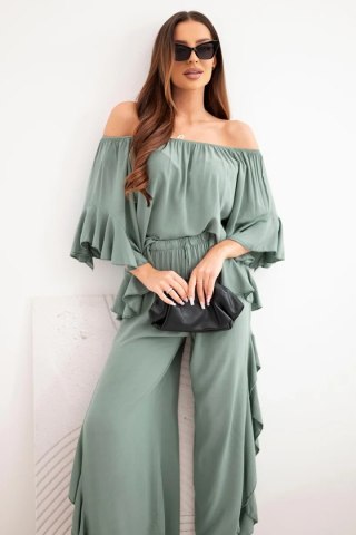 Komplet damski wiskozowy boho z falbanami khaki
