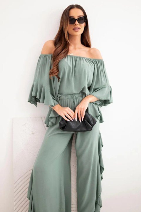 Komplet damski wiskozowy boho z falbanami khaki
