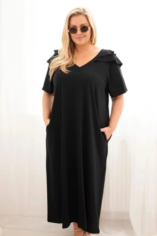 Sukienka damska Plus Size bawełniana z falbanką na ramionach czarna