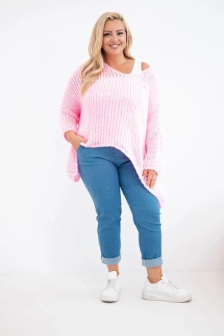 Sweter damski ażurowy oversize z dekoltem V i dłuższym tyłem cukierkowy róż