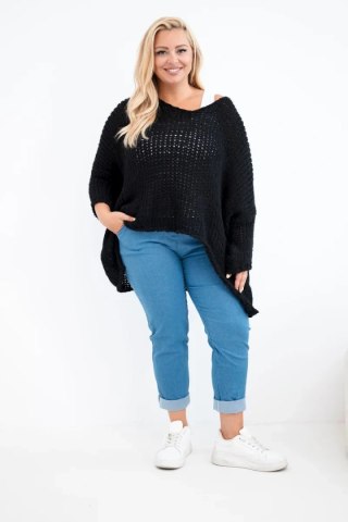 Sweter damski ażurowy oversize z dekoltem V i dłuższym tyłem czarny