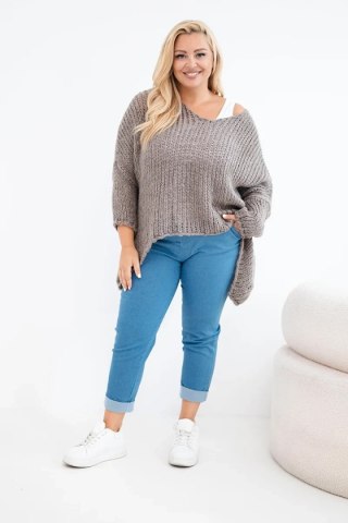 Sweter damski ażurowy oversize z dekoltem V i dłuższym tyłem fango