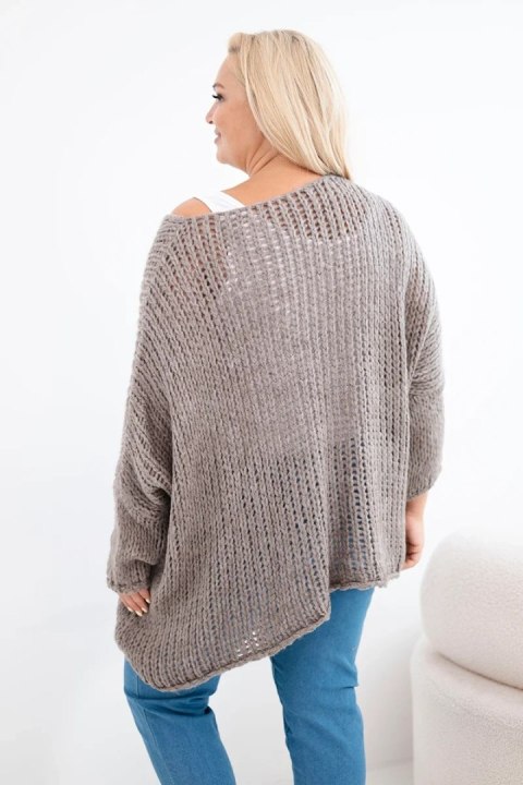 Sweter damski ażurowy oversize z dekoltem V i dłuższym tyłem fango