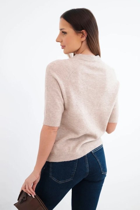 Sweter damski z baby alpaki z krótkim rękawem i okrągłym dekoltem beżowy