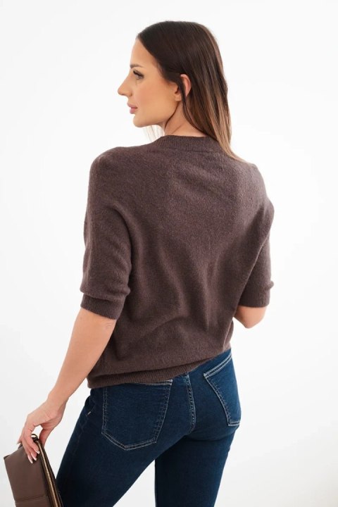 Sweter damski z baby alpaki z krótkim rękawem i okrągłym dekoltem brązowy