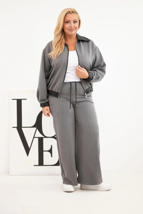 Komplet damski Plus Size z bluzą na zamek i szerokimi spodniami grafitowy