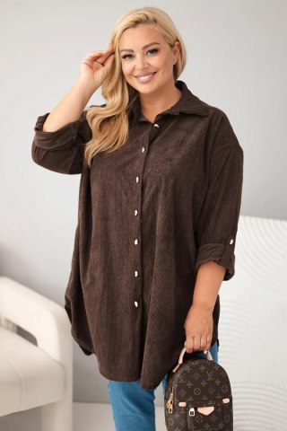 Koszula damska Plus Size z wiskozy sztruksowa z podpinanymi rękawami brązowa