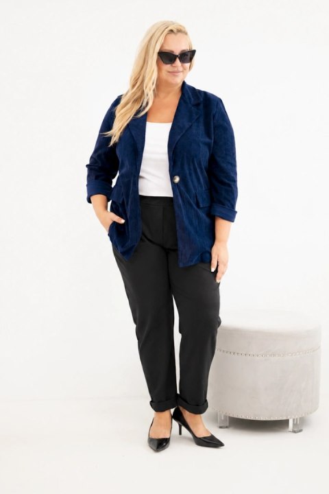 Marynarka damska Plus Size sztruksowa z klapami i kieszeniami granatowa
