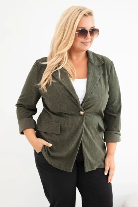 Marynarka damska Plus Size sztruksowa z klapami i kieszeniami khaki