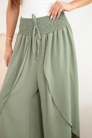 Spodnie damskie wiskozowe szerokie z marszczonym pasem jasne khaki