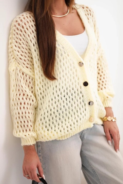 Sweter damski ażurowy oversize zapinany na guziki żółty